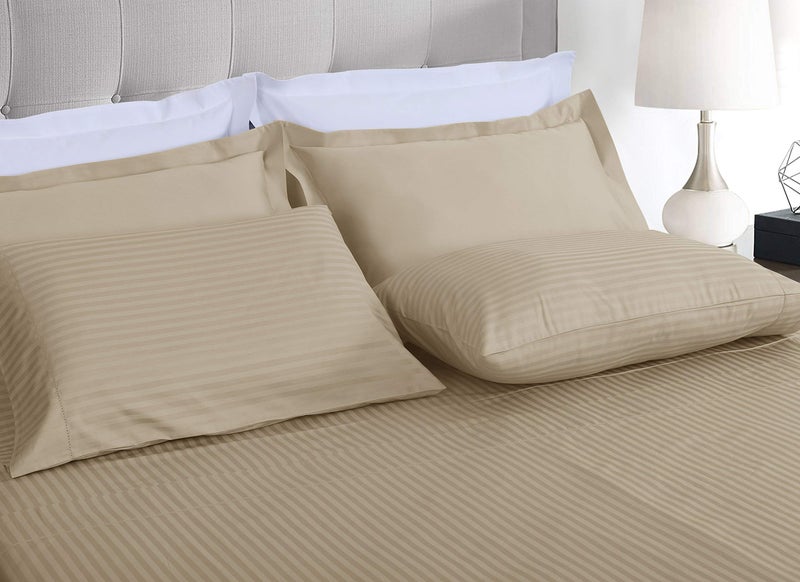 Threadmill 100% Cotton Sheets for Full Size Bed - 600 Thread Count Full Bed Sheets Set with 16â€ Deep Pocket - Damask Stripe Sateen Weave 4-Piece Bedding Set with Cooling Effect, Beige - Image 2